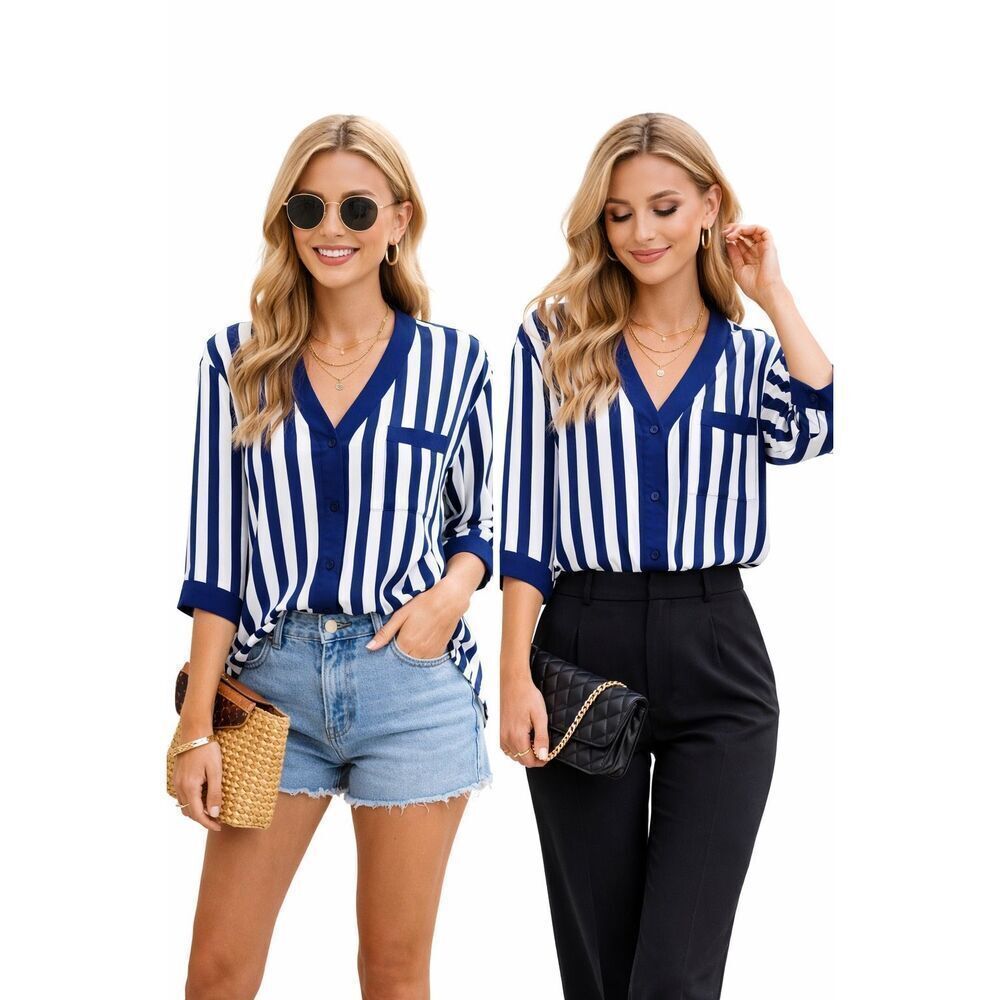 Cacique Satin Striped Button Front Blouse Blue White Oversized Small Silky Top